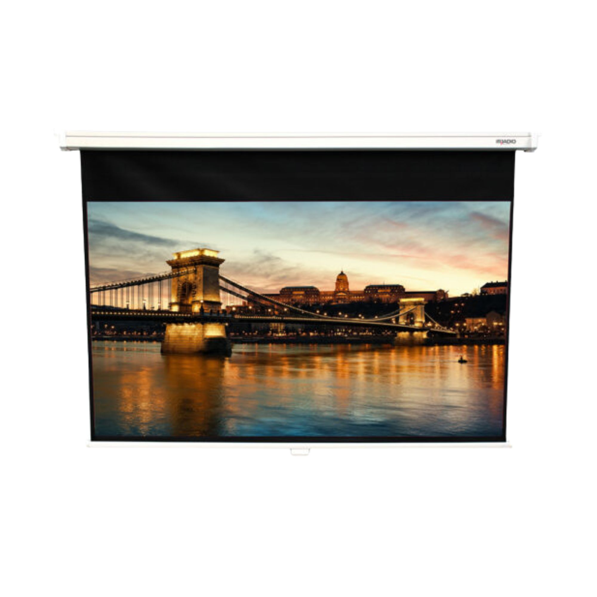 Schermo Manuale 200x152cm con tela bianca, retro nero e bordo nero, formato 16:9, Mod. IR-S3202RN