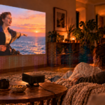 Coppia che vede un film con videoproiettore
