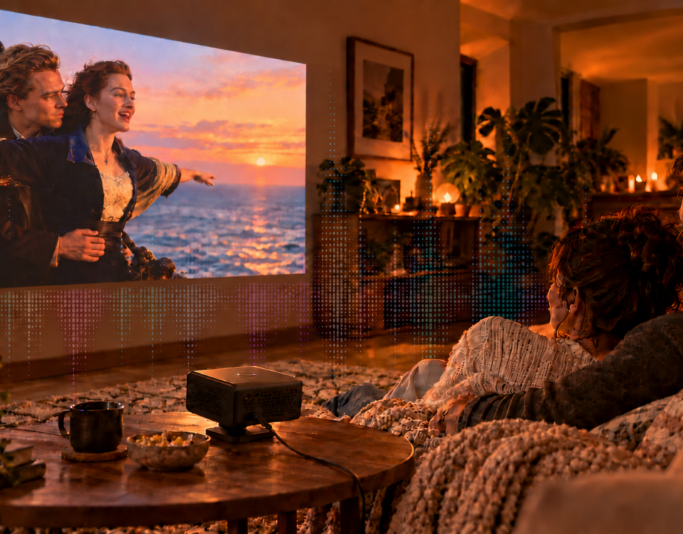 Coppia che vede un film con videoproiettore